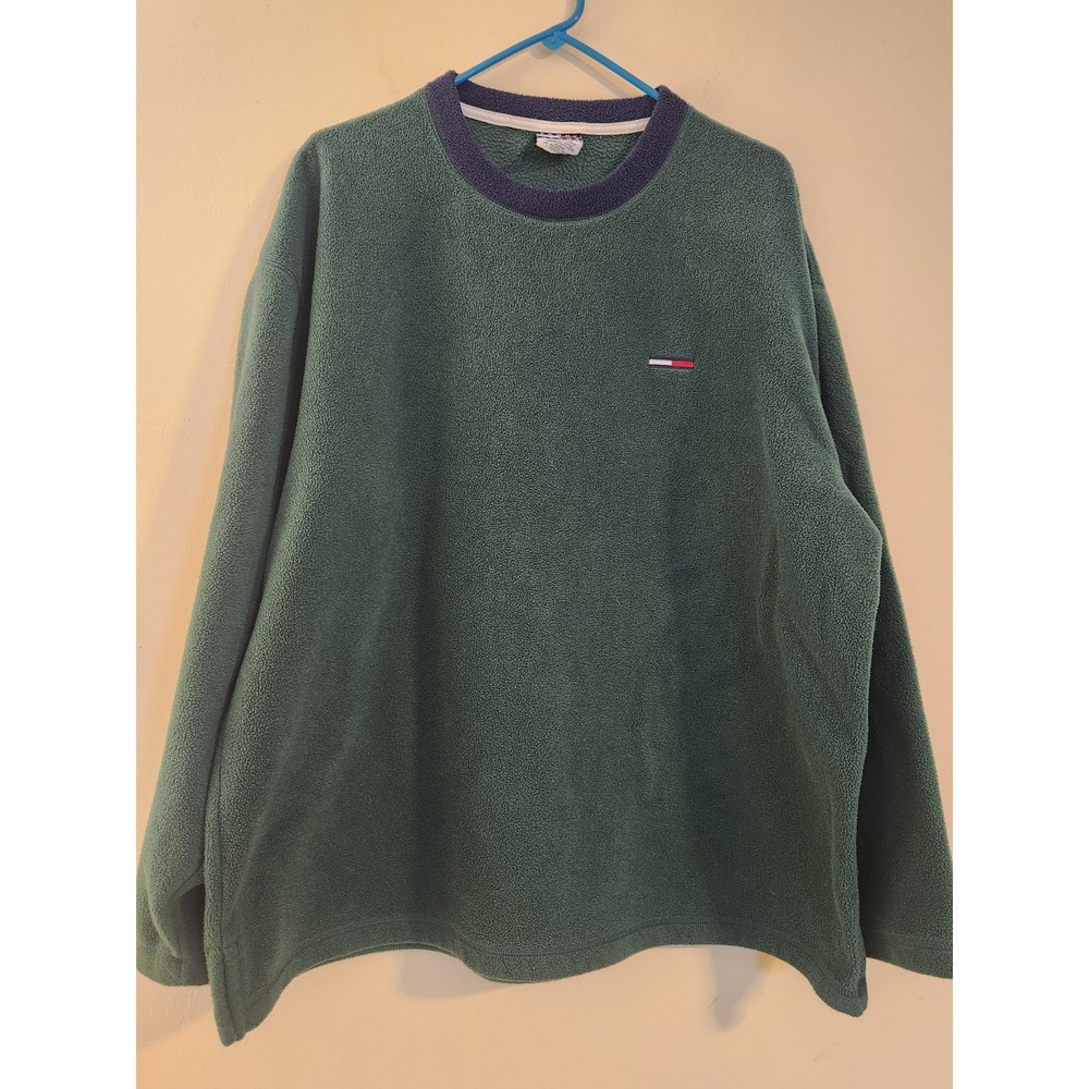 Vintage Tommy Jeans Fleece Sweatshirt Mens Large Green Crew Neck Pullover Logo